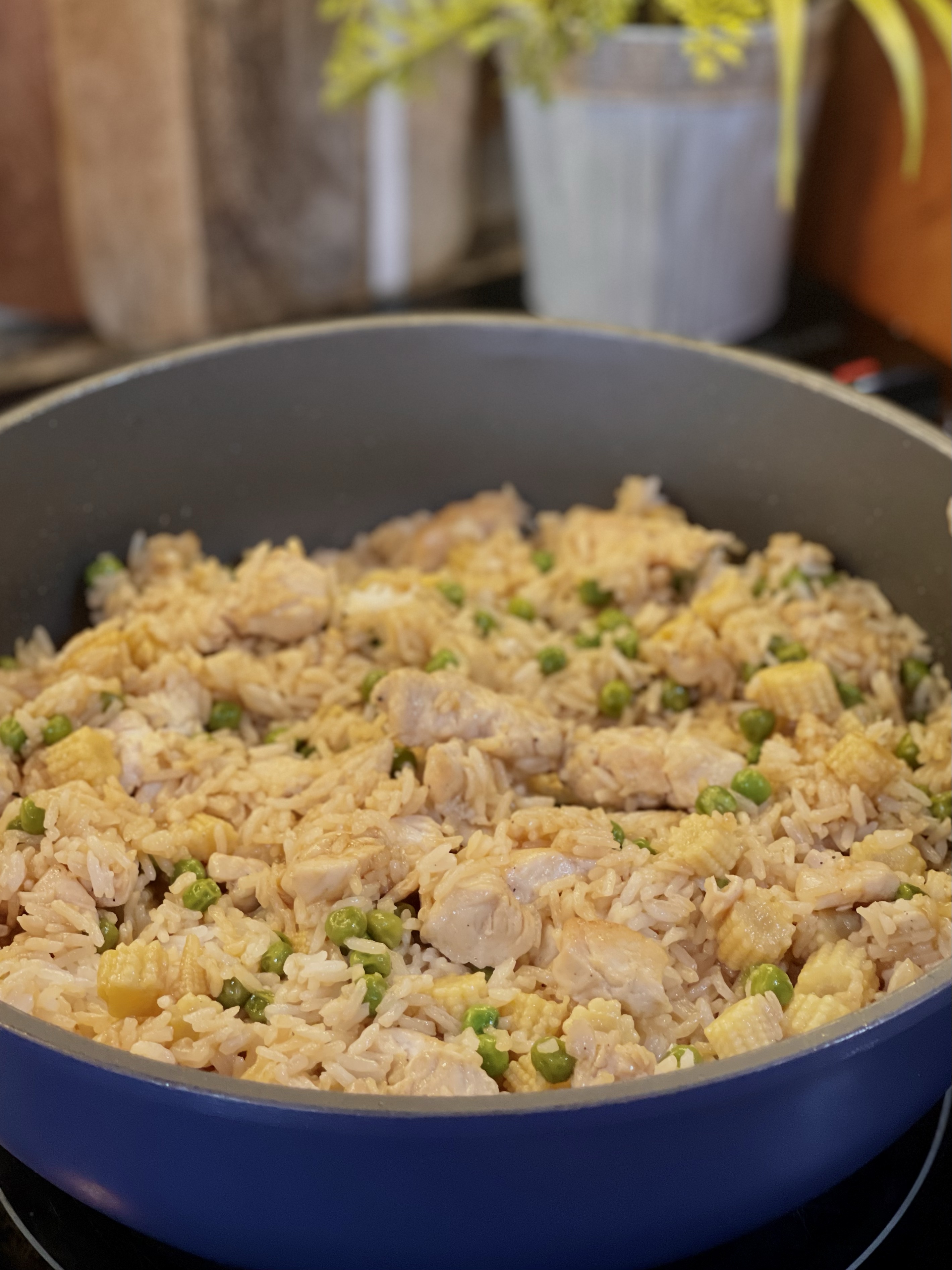15 Minute Chicken Fried Rice—with Green Peas and Baby Corn