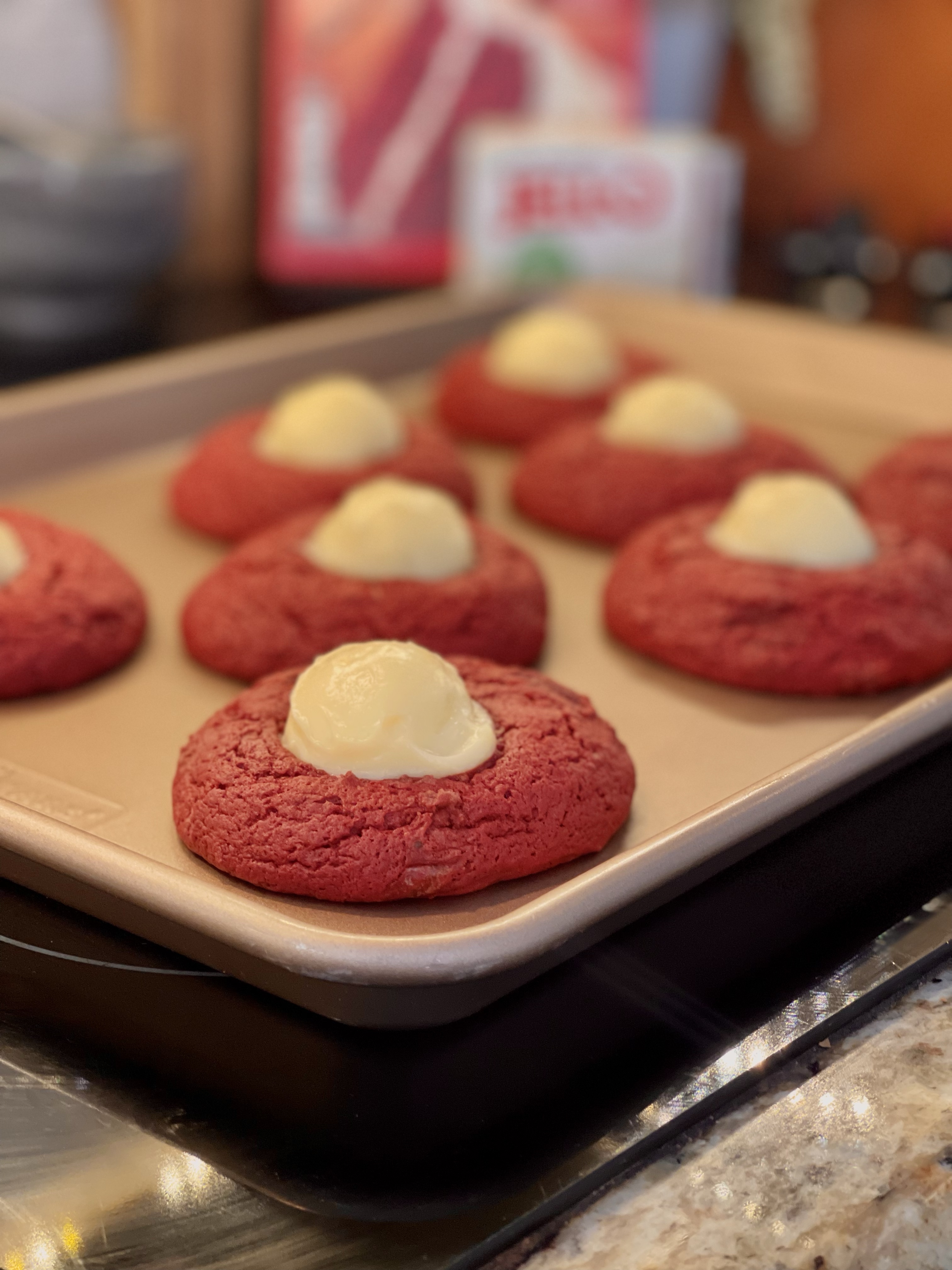 Red Velvet Cookies with a White Chocolate Custard Center